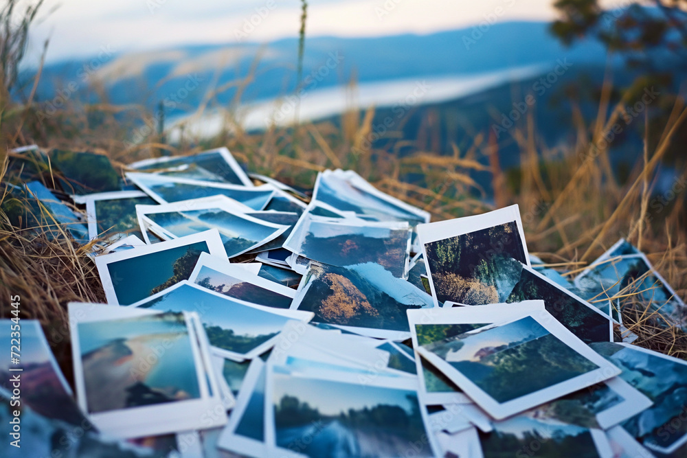 A heap of printed travel photographs strewn on the ground, echoing memories and the wanderlust spirit. - obrazy, fototapety, plakaty 