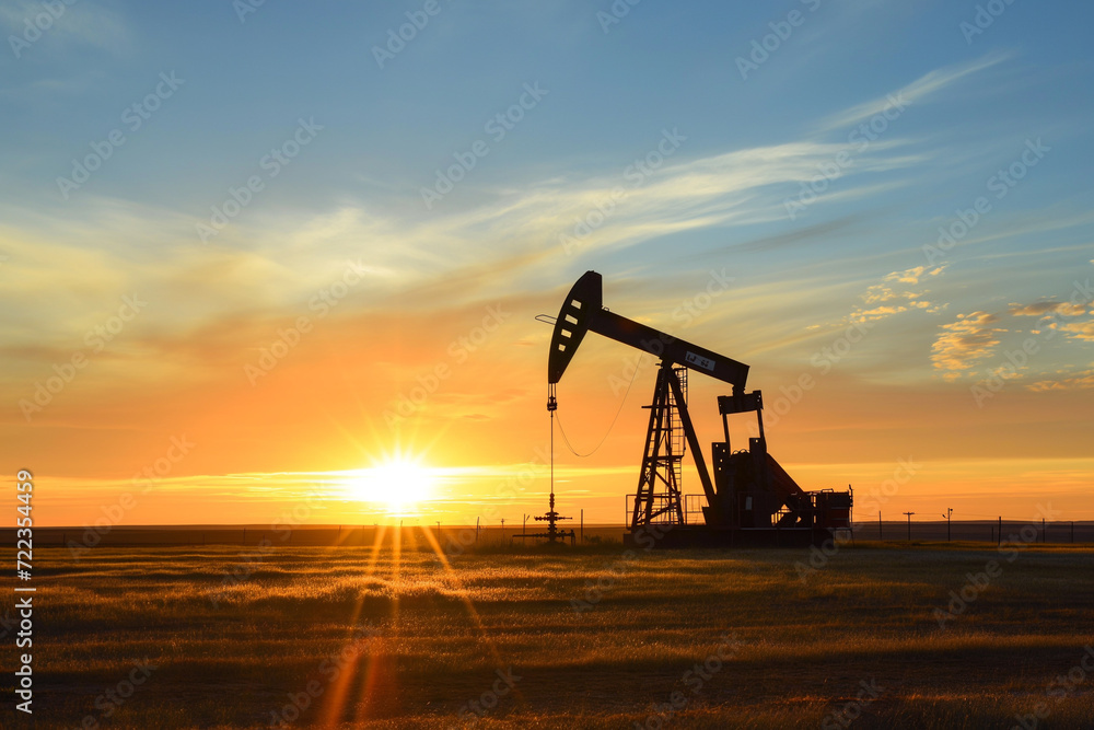 The silhouette of an oil drilling rig stands stark against a dramatic sunset sky on the open plains, signifying energy extraction. The silhouette of an oil drilling rig stands stark against a dramatic sunset sky on the open plains, signifying energy extraction.