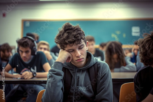 Depressed, bullied teenage boy in class feeling despair and sadness. photo