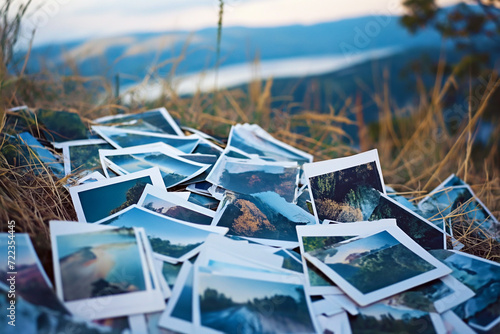 A heap of printed travel photographs strewn on the ground, echoing memories and the wanderlust spirit. photo