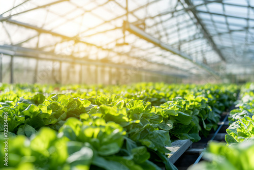 Hydroponic lettuce growth in a greenhouse, reflecting sustainable agriculture and advanced farming technology.