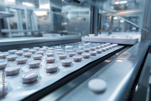 High-tech pharmaceutical machinery producing an array of pills and capsules, emphasizing precision in healthcare manufacturing.