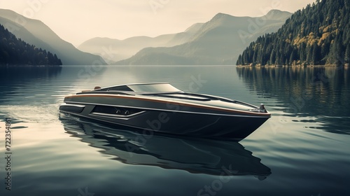 Elegant Riva Boat Gliding on Serene Lake - AI Generated © VisualMarketplace