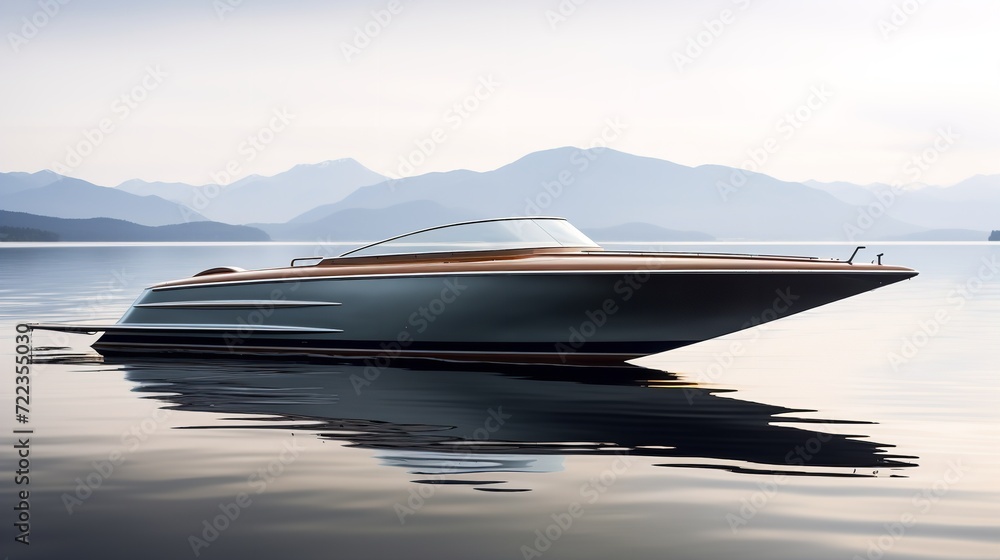 Fototapeta premium Elegant Riva Boat Gliding on Serene Lake - AI Generated