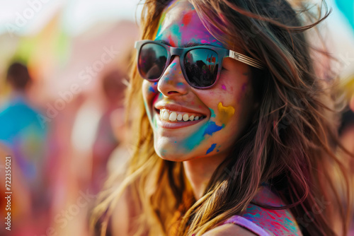 Happy young woman having fun in crowd at Holi festival of colors, summer party or music festival