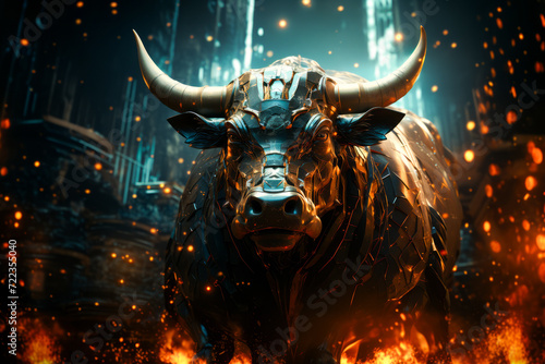 Golden bull sculpture like symbol representing financial market trends, crypto currency market © zamuruev