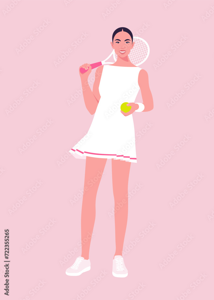 A young Asian woman is posing with tennis rackets and ball. A teen player in full body. Healthy lifestyle, fitness, sport. Vector flat illustration A young Asian woman is posing with tennis rackets and ball. A teen player in full body. Healthy lifestyle, fitness, sport. Vector flat illustration