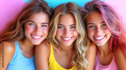 Vibrant Portrait of Three Smiling Young Women Against a Colorful Background