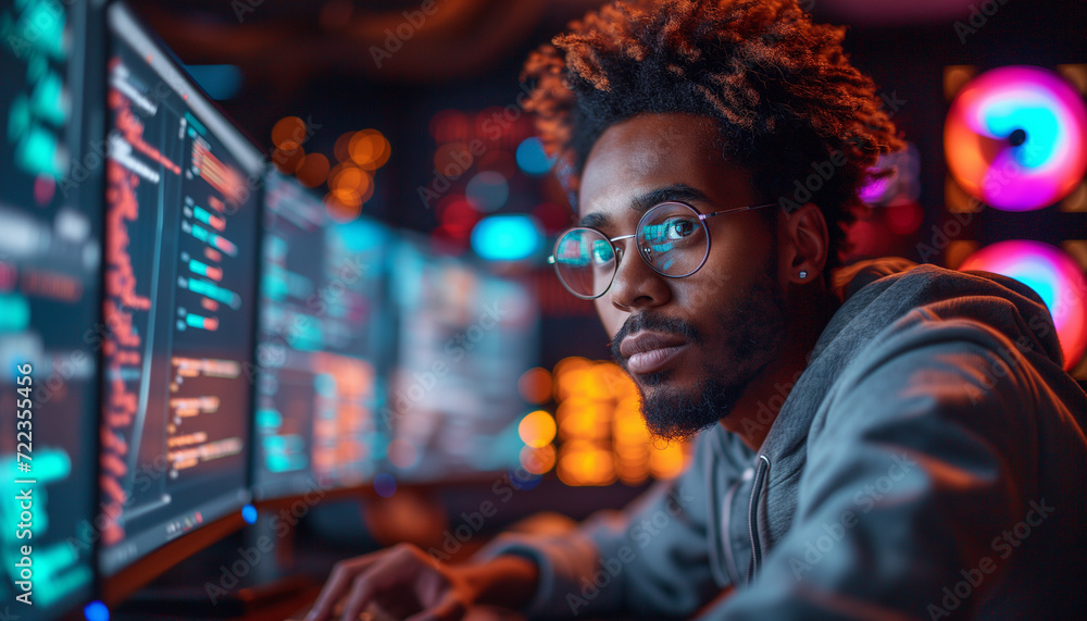 Black american man programmer working on computer, coding software. Blured light on background. Day programmer