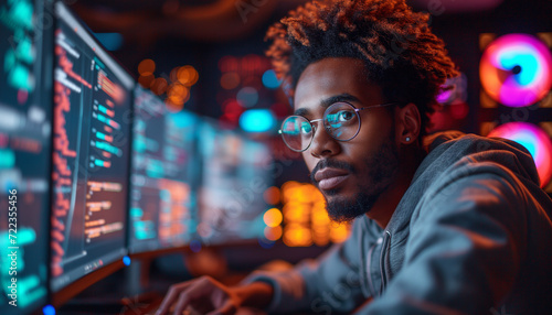 Black american man programmer working on computer, coding software. Blured light on background. Day programmer