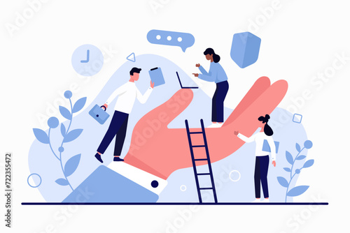 Support and care of corporate company manager for wellbeing and safety of employees. Giant boss hand holding tiny people working with laptop in comfort environment cartoon vector illustration