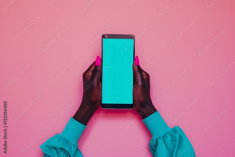 hands holding smartphone, pink colored space original, in the style of turquoise and black - obrazy, fototapety, plakaty 