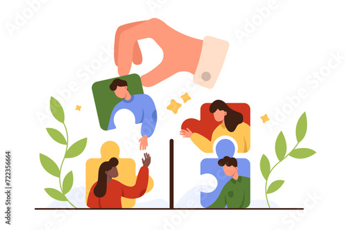 Qualified employees search for effective teamwork. Giant hand of employer or boss holding up puzzle piece with portrait of new employee to match with colleagues team cartoon vector illustration
