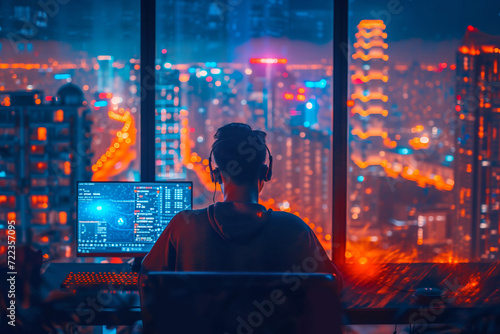 Young man in headphones working on computer during nighttime with cityscape in background © ChaoticDesignStudio