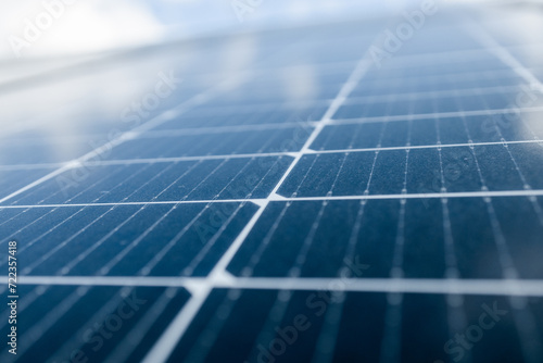 Close-up of Solar cell farm power plant eco technology.landscape of Solar cell panels in a photovoltaic power plant.concept of sustainable resources and renewable energy. 