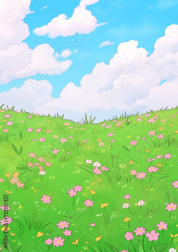 Summer Meadow with Flowers . Green grass and colorful flowers natural backdrop. Children's book illustration in cartoon style.