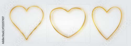 Thin gold heart frame set. Golden realistic heart border. Luxury symbol of love.