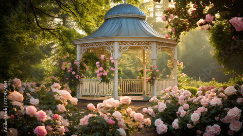 Elegant flowered gazebo in the garden. Neural network AI generated art