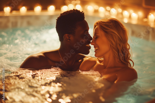 Happy young interracial couple in love in hot tub, spa wellness photo