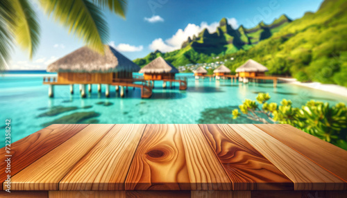 empty wooden table with beautifully Bora Bora  French Polynesia background
