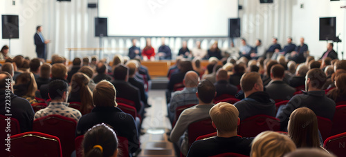 An audience attending a business conference, filling a large meeting room to listen to a talk. The scene depicts a crowd in a conference room, with many people engaged in listening to a speaker. photo
