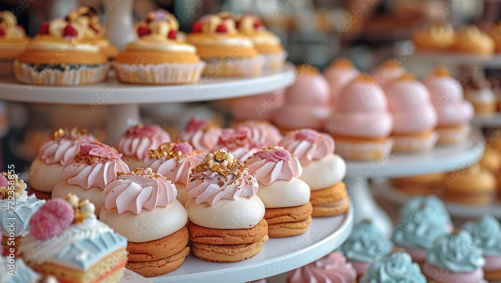 A showcase with delicious cookies and cakes, bright and beautiful. Generative AI. A showcase with delicious cookies and cakes, bright and beautiful. Generative AI.