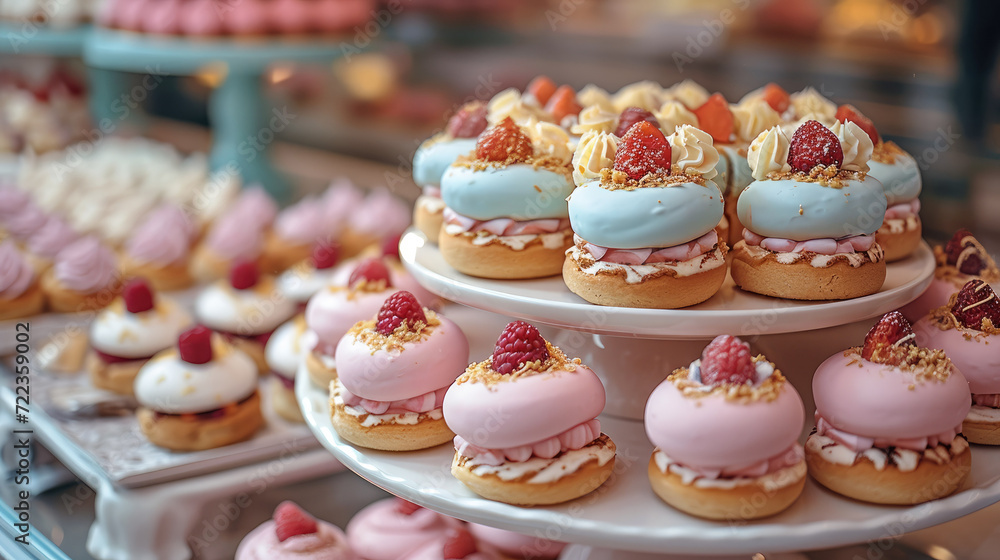 A showcase with delicious cookies and cakes, bright and beautiful. Generative AI. A showcase with delicious cookies and cakes, bright and beautiful. Generative AI.