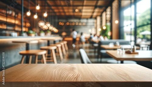 Empty wooden table with blur restaurant cafe background