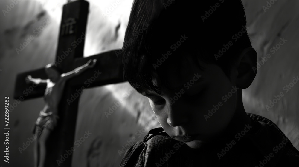 Fototapeta premium Ein kleiner Junge schaut traurig und bedrückt, im Hintergrund ein kirchliches Kreuz.