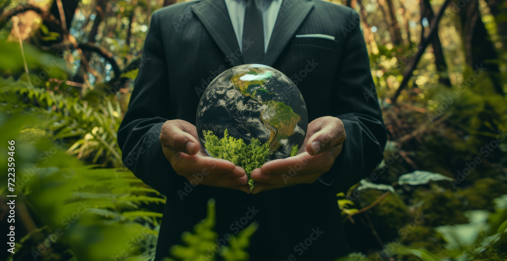 Ein Geschäftsmann steht in der Natur und hält eine Weltkugel in den Händen. Bezug: ESG - Environmental, Social and Governance, Regelwerk zur Bewertung für nachhaltige, ethische Praxis in Unternehmen. - obrazy, fototapety, plakaty 