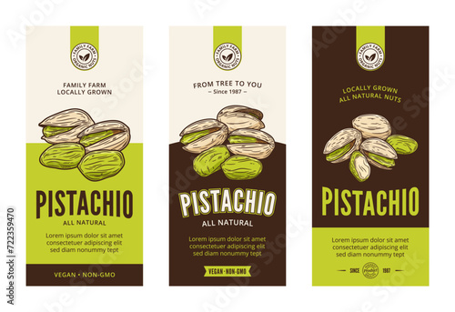 Vector pistachio labels in modern style. Vector pistachio nut illustrations