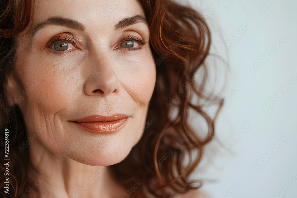 Elegant 50s mid-aged woman gazes confidently at the camera in a close-up portrait, showcasing her mature beauty. Isolated on a white background, the image captures the essence of healthy skin care Elegant 50s mid-aged woman gazes confidently at the camera in a close-up portrait, showcasing her mature beauty. Isolated on a white background, the image captures the essence of healthy skin care