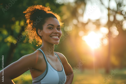 Joyful sportswoman doing morning warm-up exercises outdoors.