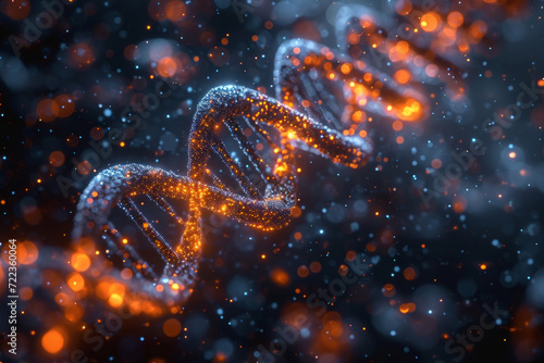 Radiant Starry DNA strands molecular structure on Abstract Background, sci-fi illustration.