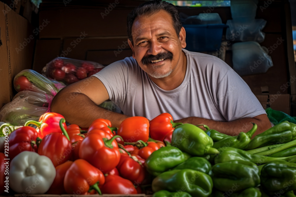 A cheerful market vendor poses behind a vibrant display of fresh produce, offering a variety of vegetables.. A cheerful market vendor poses behind a vibrant display of fresh produce, offering a variety of vegetables..