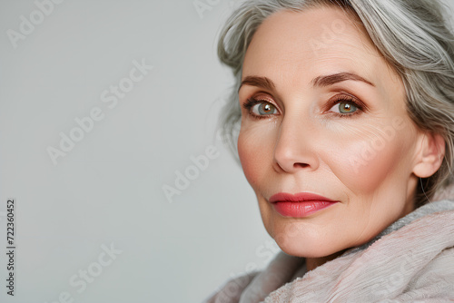 Elegant 50s mid-aged woman gazes confidently at the camera in a close-up portrait, showcasing her mature beauty. Isolated on a white background, the image captures the essence of healthy skin care