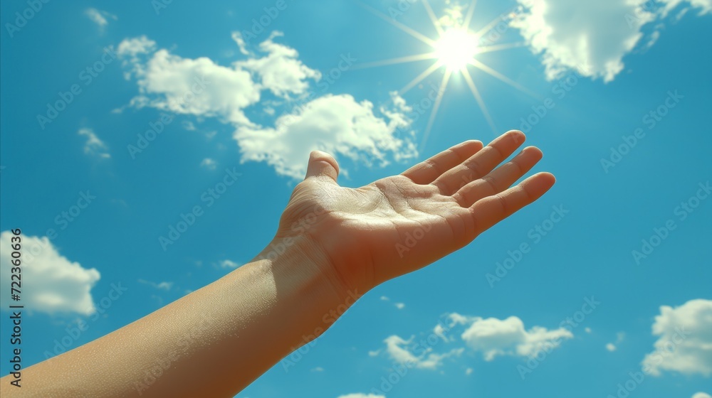 Reaching Hand Towards the Sunny Blue Sky