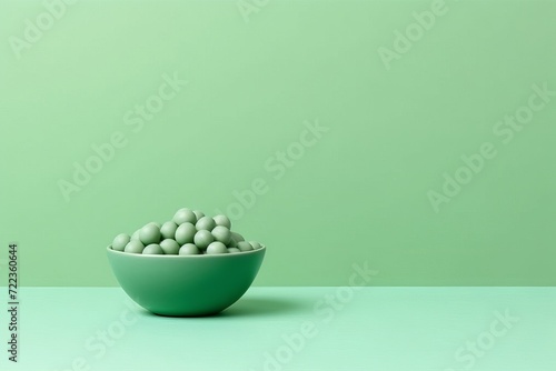 Minimalistic illustration of a bowl with green balls on a green background with a soft monochrome effect. Concept: interior design, conceptual advertising and as a visual reinforcement of themes relat