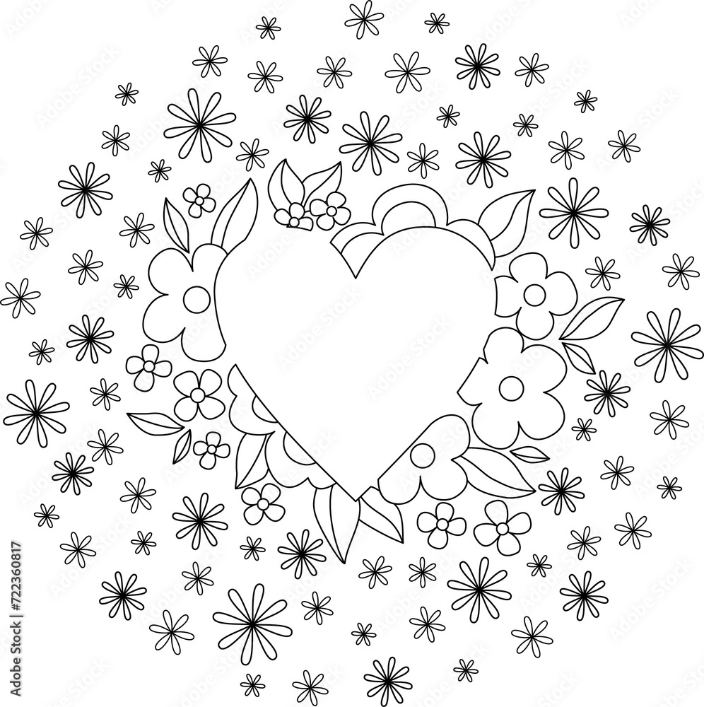 Heart frame. Background with vintage floral ornament. White flowers on transparent background. Black and white vector illustration. Ornamental round lace pattern. Delicate pattern for print.