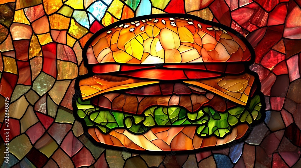 Hamburger, breakfast, stained glass art wallpaper. Hamburger, breakfast, stained glass art wallpaper.