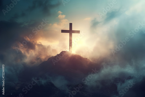 The sacred cross, symbolizing the death and resurrection of Jesus Christ, stands prominently atop Golgotha Hill, enveloped in divine light and ethereal clouds, evoking an apocalyptic theme. © Uliana