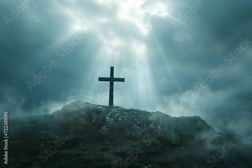 The sacred cross, symbolizing the death and resurrection of Jesus Christ, stands prominently atop Golgotha Hill, enveloped in divine light and ethereal clouds, evoking an apocalyptic theme.