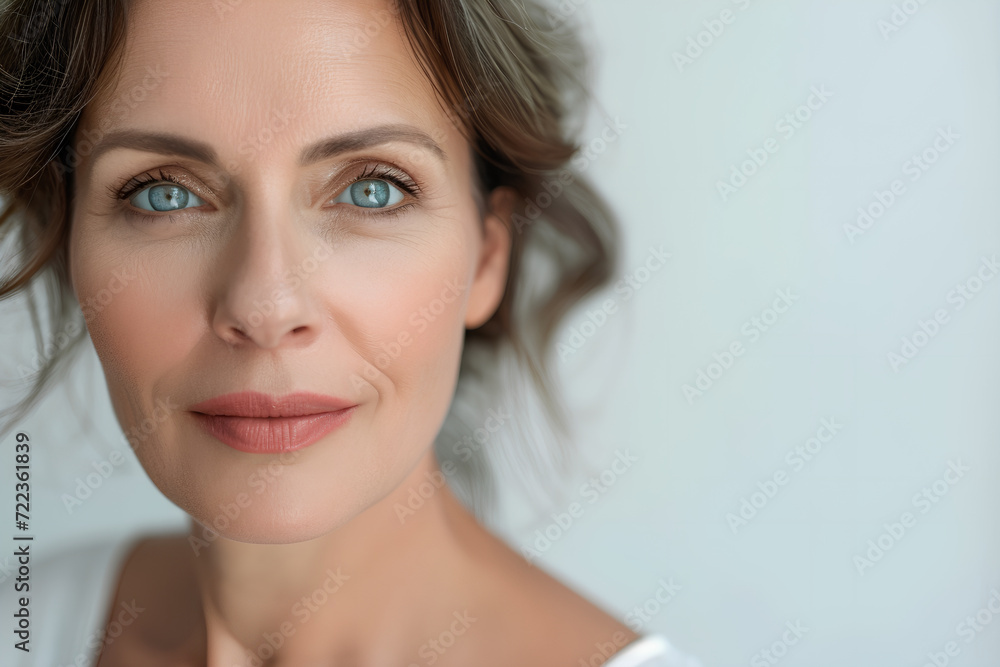 Elegant 50s mid-aged woman gazes confidently at the camera in a close-up portrait, showcasing her mature beauty. Isolated on a white background, the image captures the essence of healthy skin care Elegant 50s mid-aged woman gazes confidently at the camera in a close-up portrait, showcasing her mature beauty. Isolated on a white background, the image captures the essence of healthy skin care