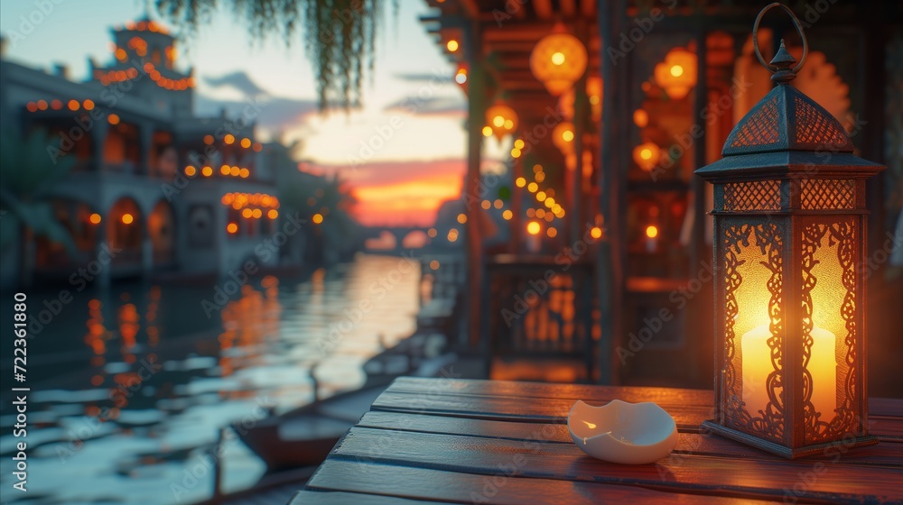 Sunset at the Riverside With Glowing Lantern and Lotus Flower Sunset at the Riverside With Glowing Lantern and Lotus Flower