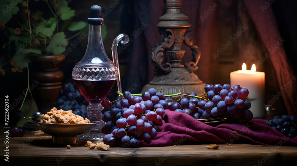 Bottle and glass of wine with bunch of grapes. Neural network AI generated art