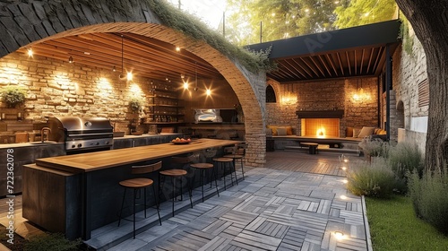 A home outdoor bar and grill, Entertainment area with a built-in barbecue. Generative AI.