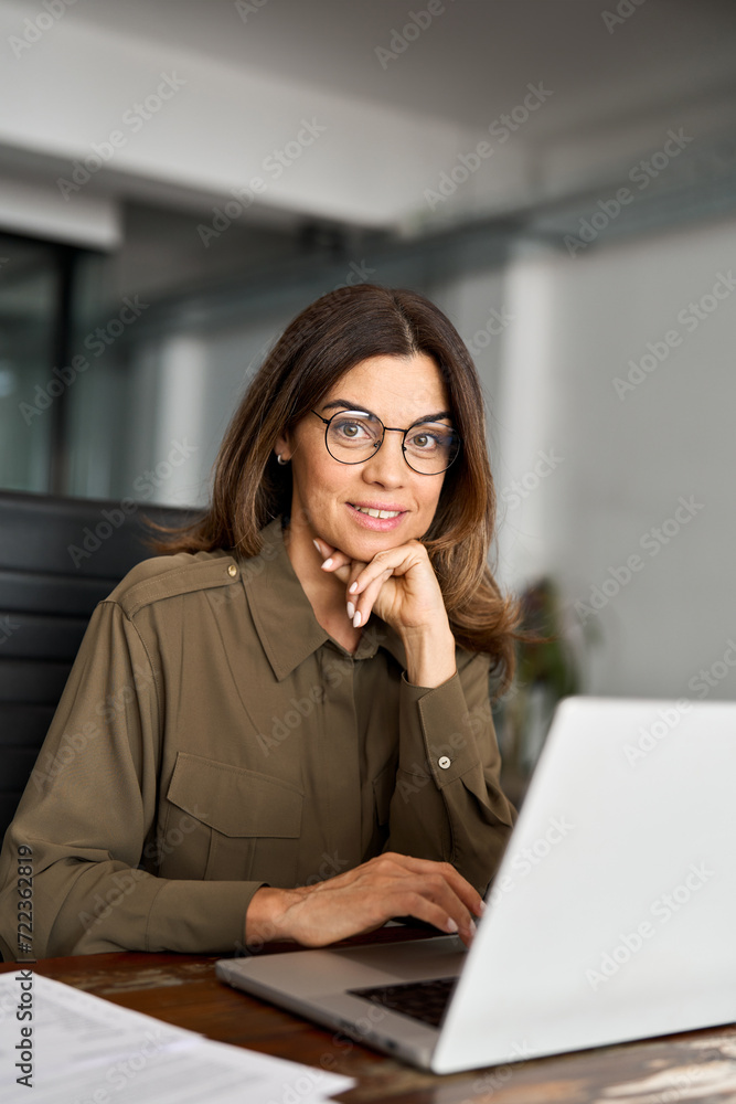 Happy smiling mature middle aged professional business woman investor manager executive or attorney adviser looking at camera at workplace working on laptop computer in office, vertical portrait. Happy smiling mature middle aged professional business woman investor manager executive or attorney adviser looking at camera at workplace working on laptop computer in office, vertical portrait.