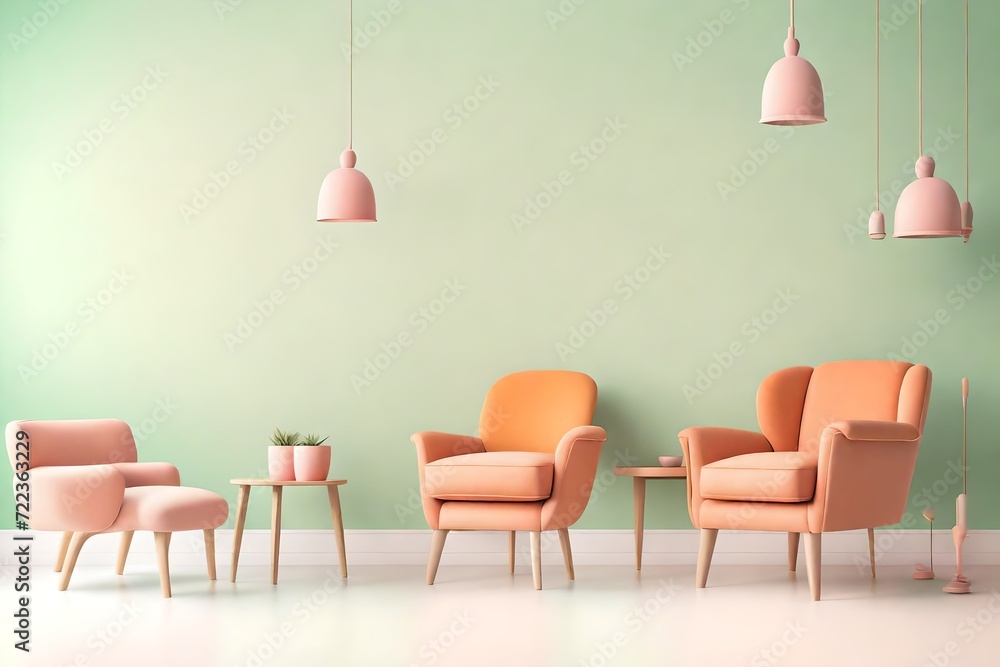 Living room wall mockup in bright tones with leather sofa and leather armchair. close up view. Living room wall mockup in bright tones with leather sofa and leather armchair. close up view.