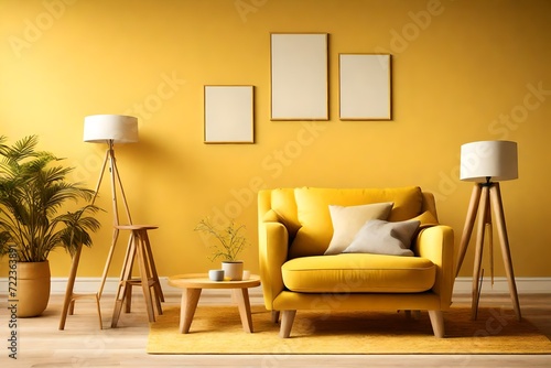 Living room wall mockup in bright tones with leather sofa and leather armchair. close up view.