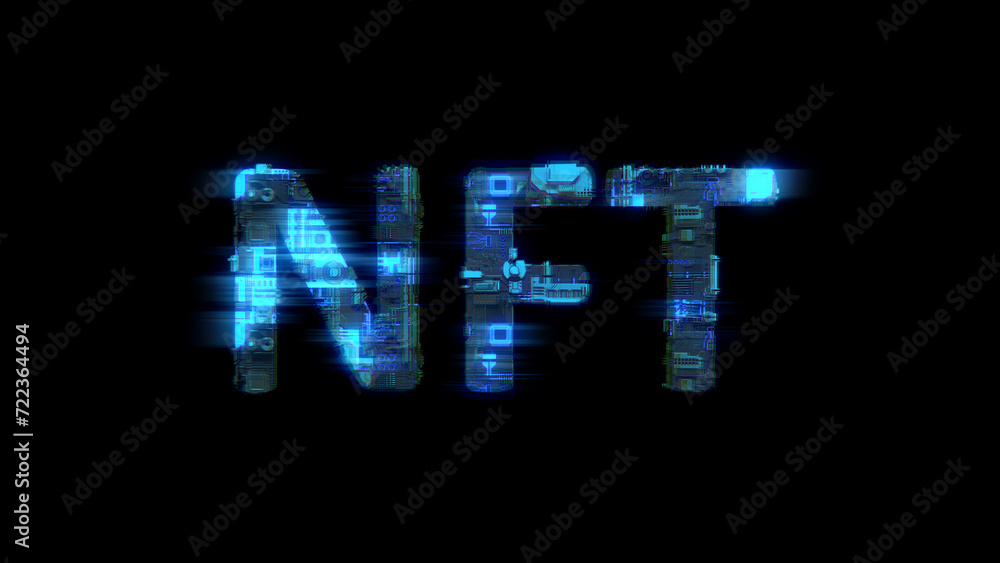 cybernetic electrical light shining text NFT in glitch style, isolated - object 3D rendering cybernetic electrical light shining text NFT in glitch style, isolated - object 3D rendering